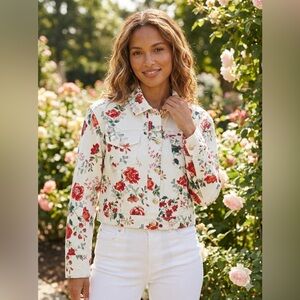 250$$ Maje Red and Cream Floral Jean Jacket size 40 pit to pit 20” EUC